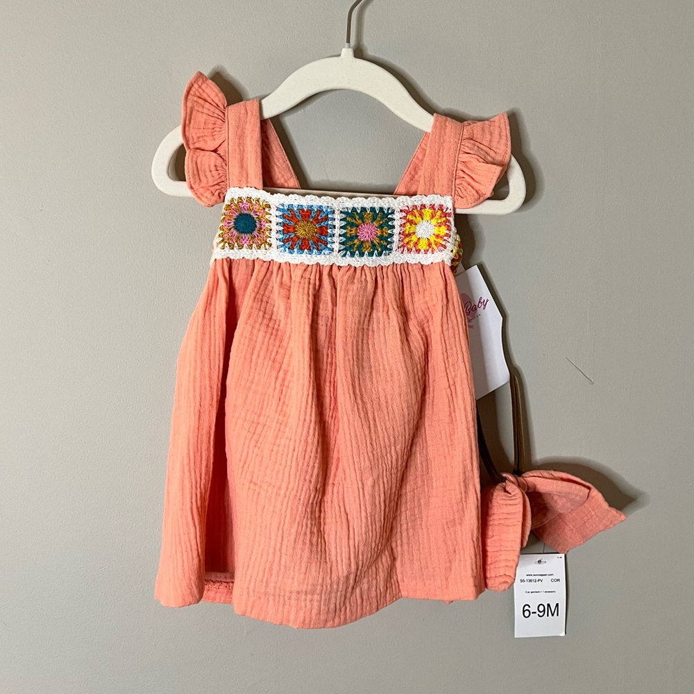 Bonnie Baby Coral Dress with Multicolor Crochet size 6-9 months NWT
